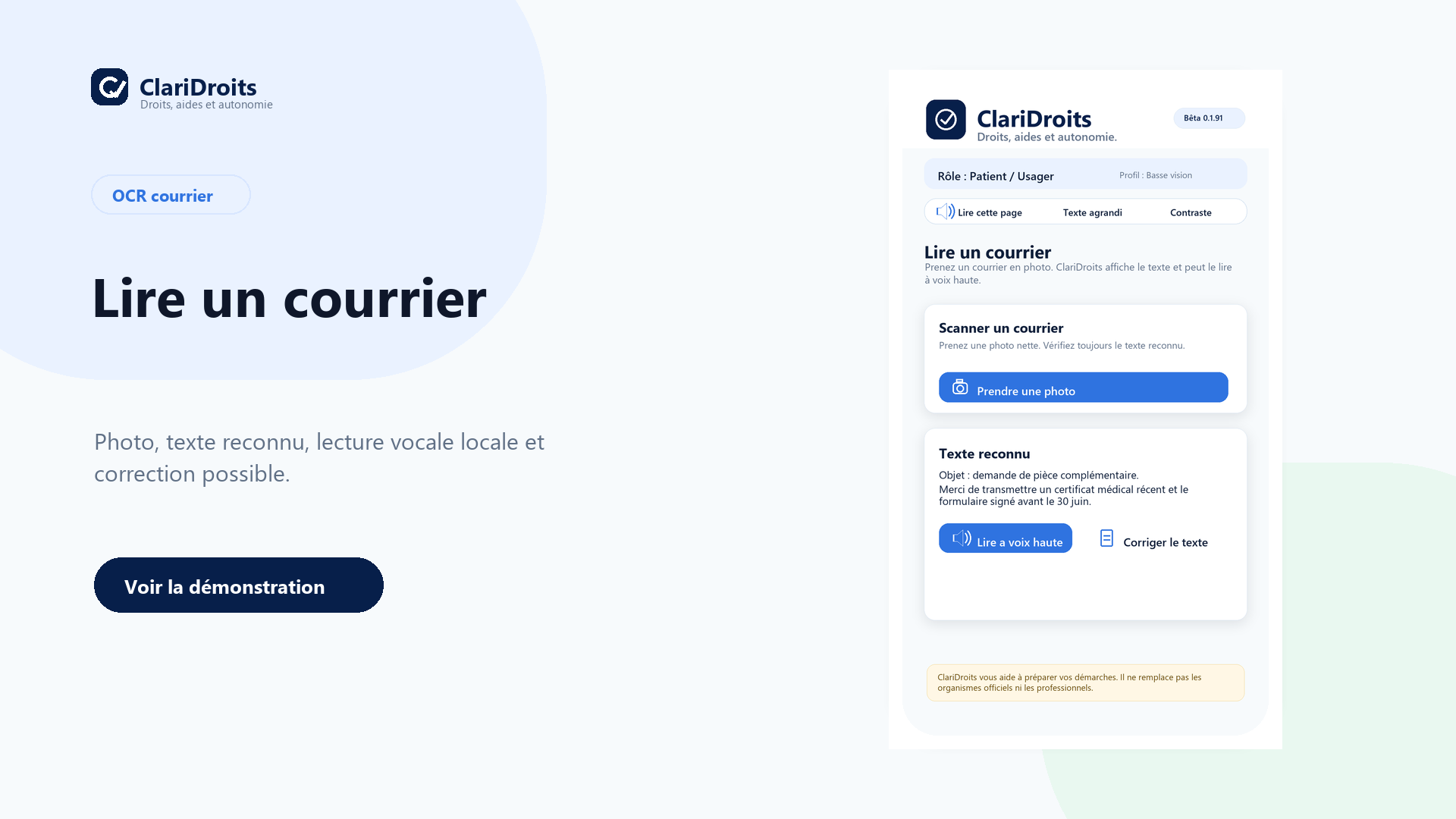 Module Lire un courrier ClariDroits avec OCR et lecture vocale
