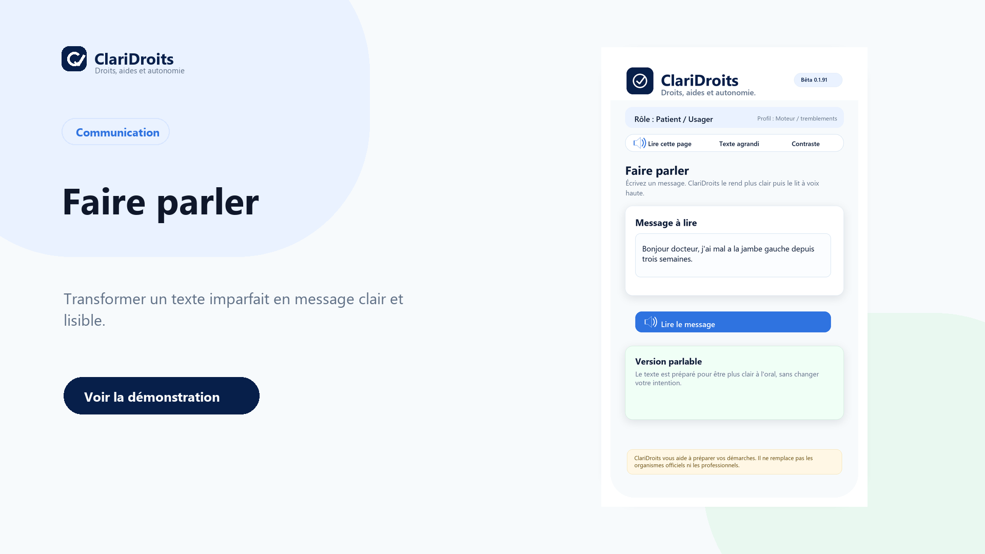 Module Faire parler ClariDroits avec texte écrit et version parlable