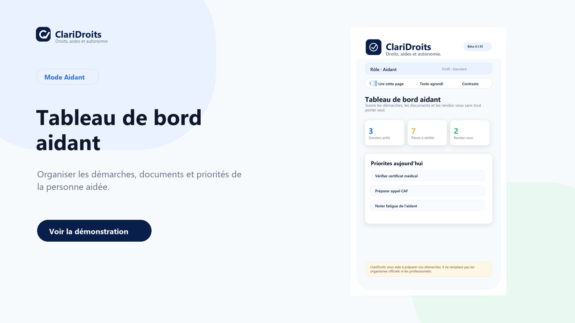 Tableau de bord aidant ClariDroits avec priorités du jour