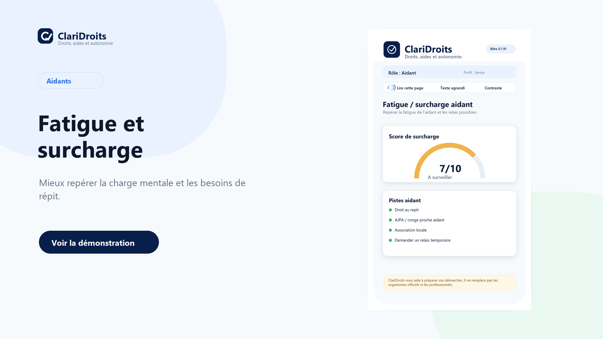 Module fatigue et surcharge aidant dans ClariDroits