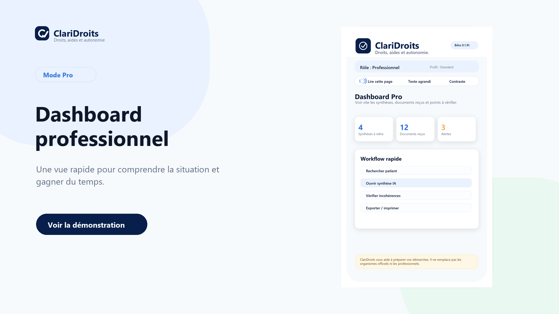 Dashboard professionnel ClariDroits avec workflow rapide