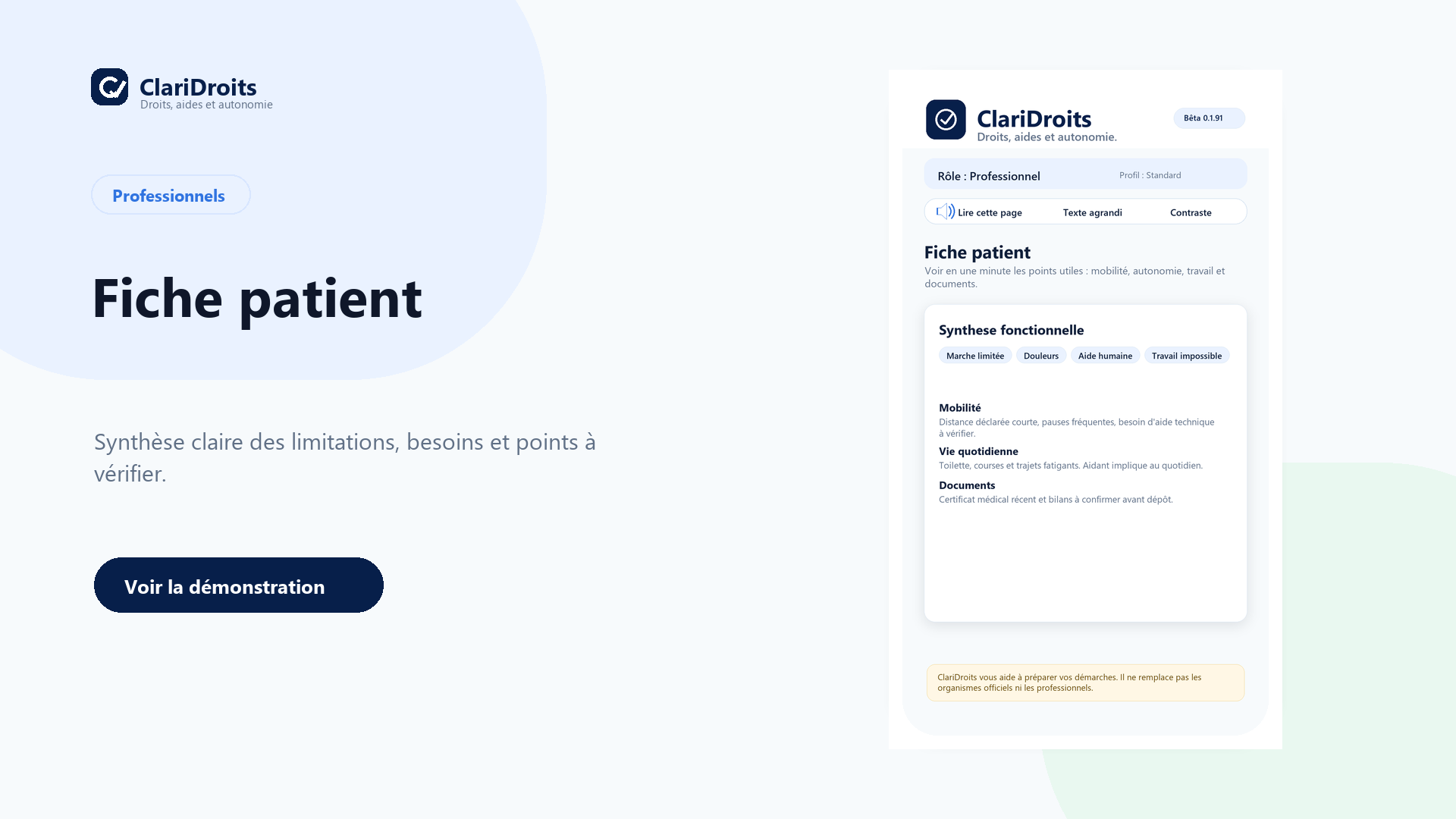 Fiche patient professionnelle ClariDroits avec synthèse fonctionnelle