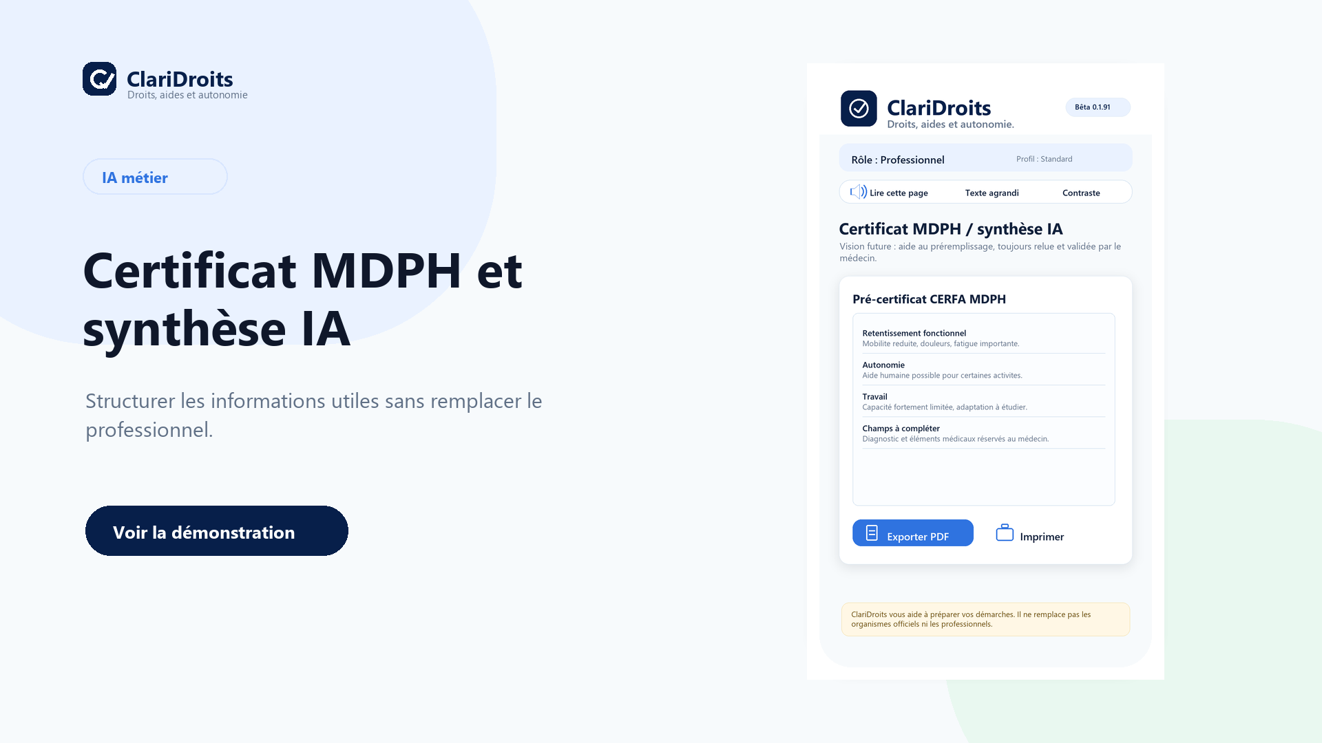Écran certificat MDPH et synthèse IA ClariDroits