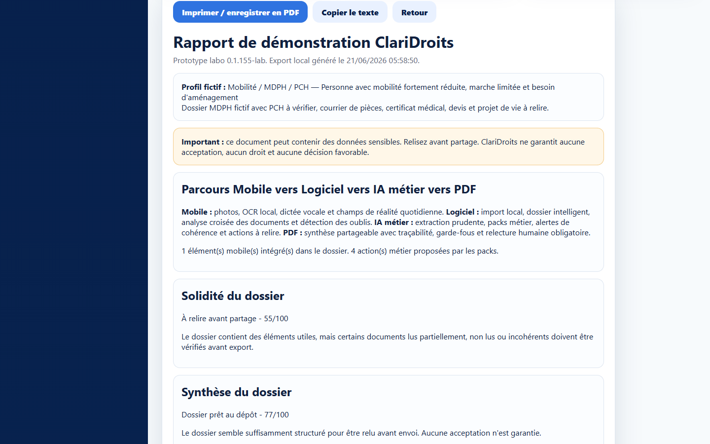 Aperçu de la démo ClariDroits logiciel Mobile vers Logiciel